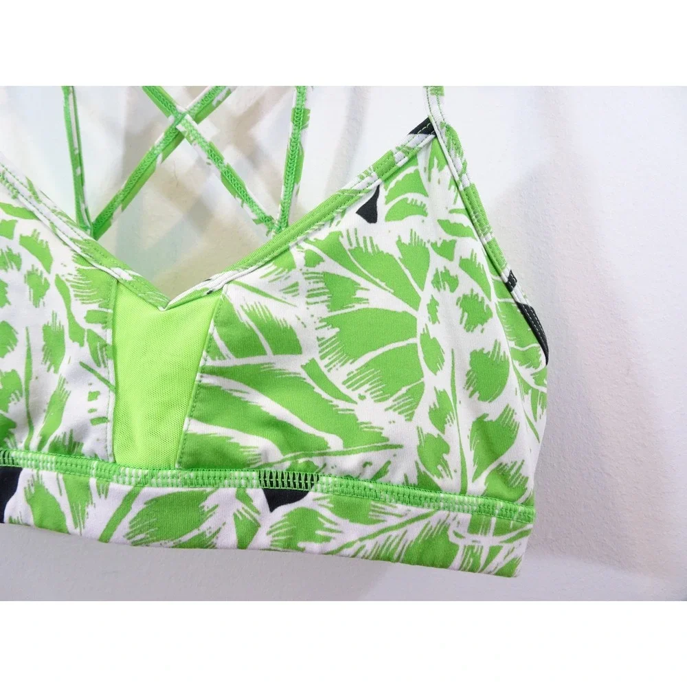 Alo Yoga Womens Strappy Criss Cross Back Tropical Palm Print Sports Bra Green S